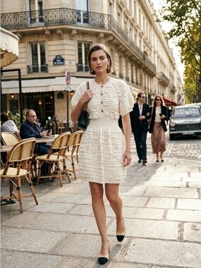 Chanel White Cotton-Linen Ruffle Knit Fit & Flare Dress - US 6 (38)